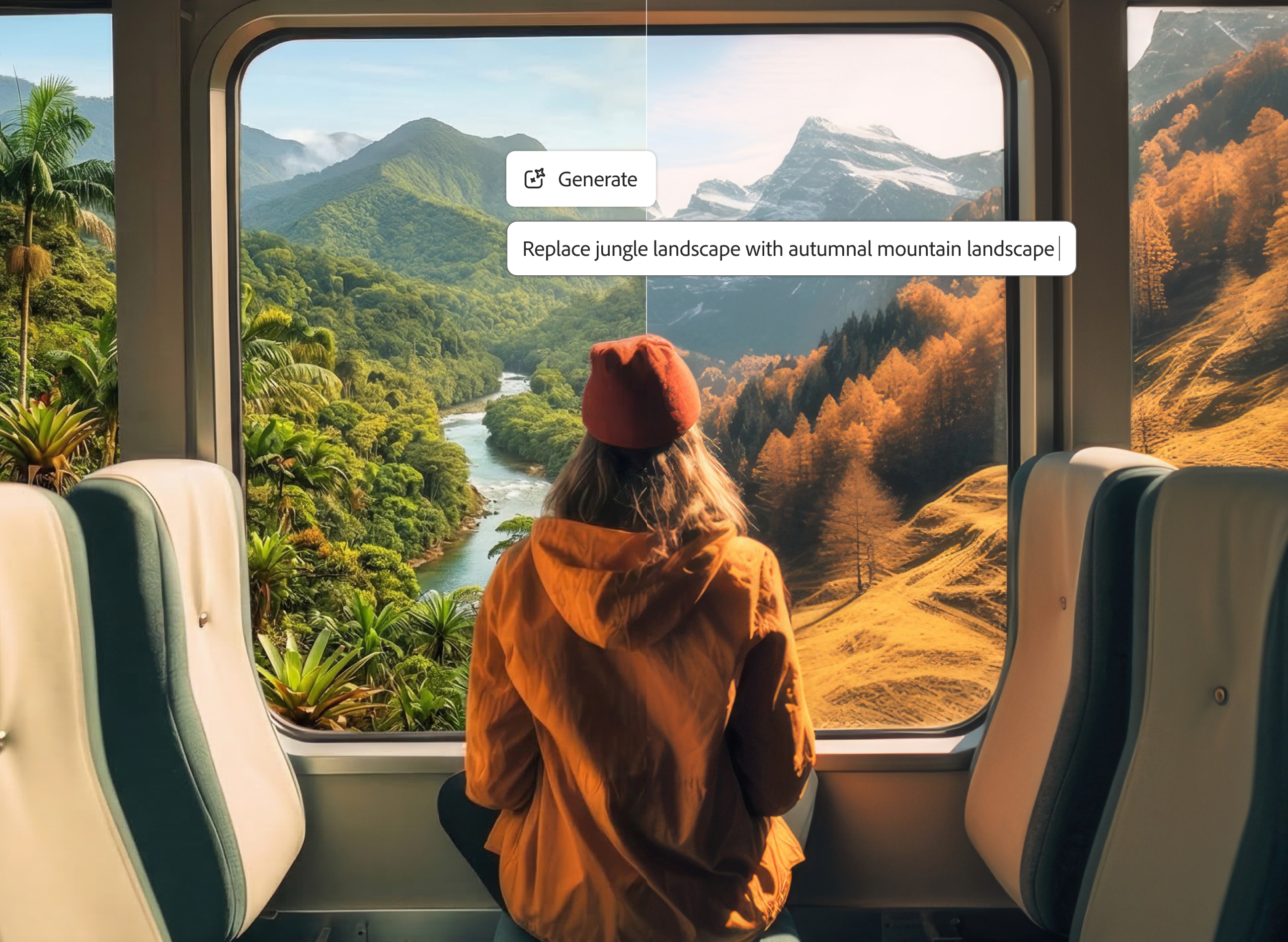 Photo of a woman looking out of a window with 'Replace jungle landscape with autumnal mountain landscape' prompt
