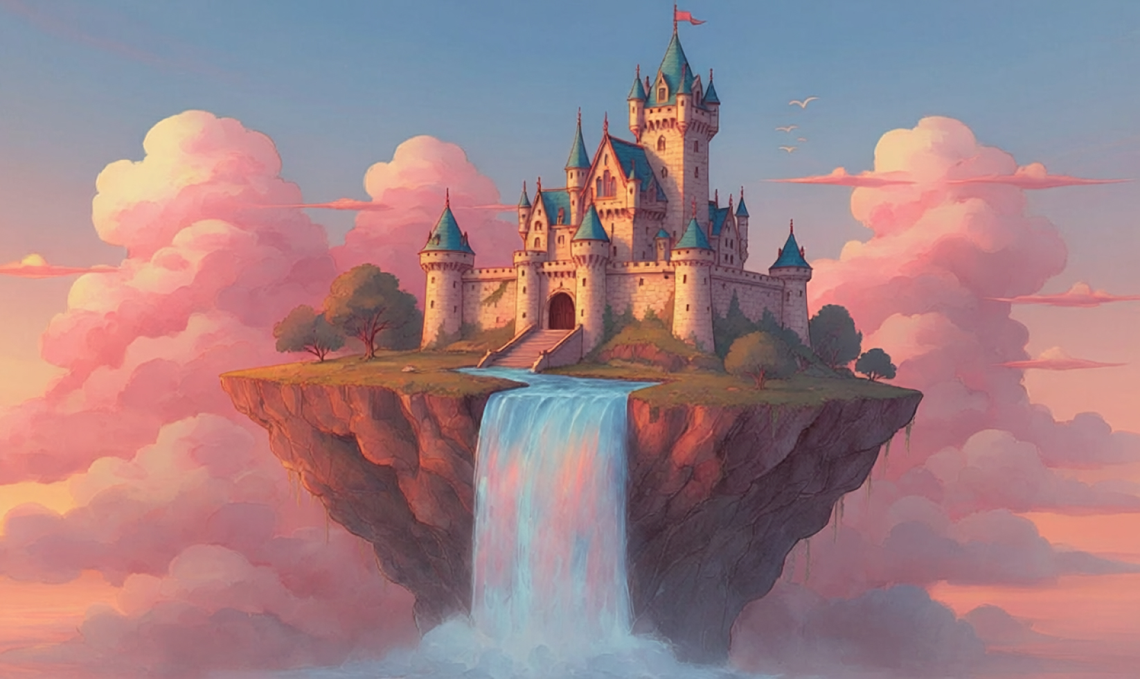 A fantasy castle sits on top of a floating island with a waterfall, surrounded by pink clouds at sunset.