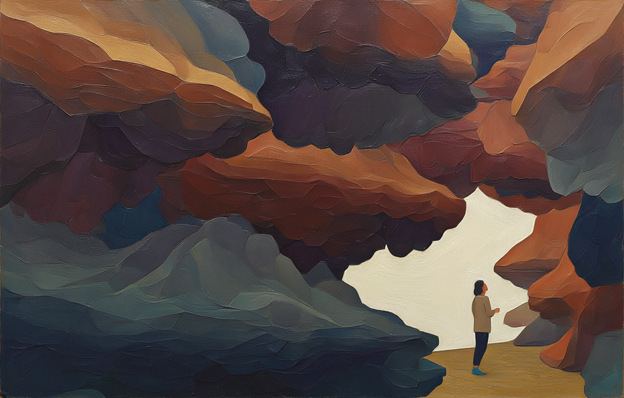 AI-generated geometric illustration of a woman standing in a canyon made of large, flowy, vibrant forms.