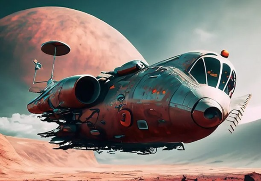 Image generated from AI prompt showing retro-futuristic airship hovering over red desert landscape beneath large pink moon