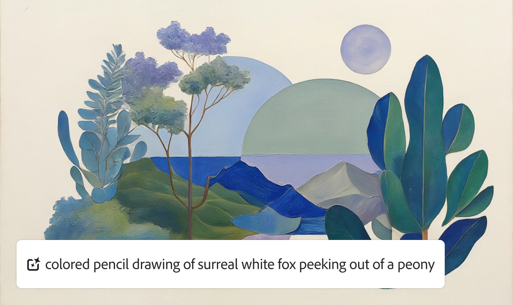 A landscape with trees, mountains, and water, and an overlay of the prompt, "A contemporary art piece with elements layered in blue/green tones."