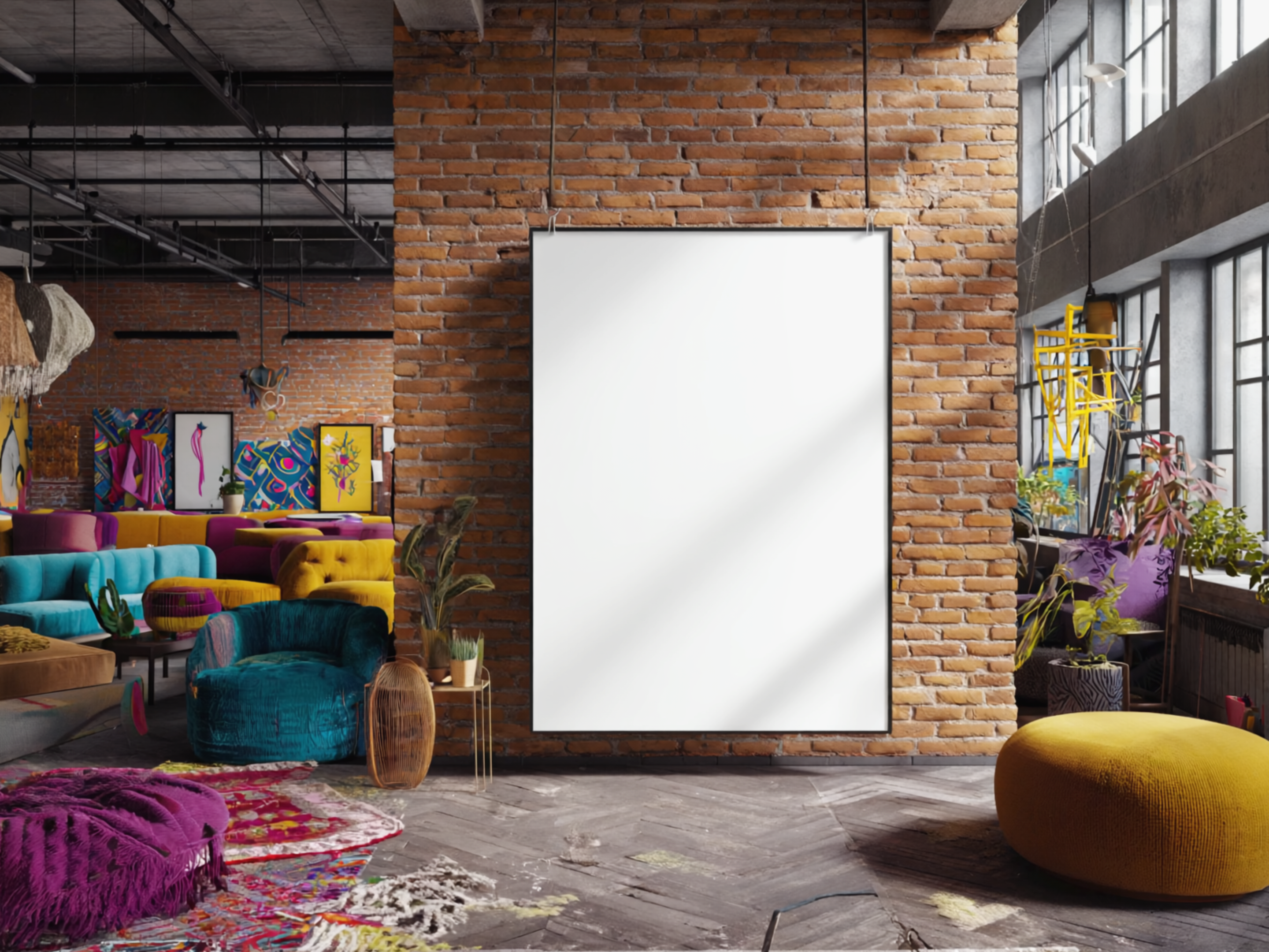 AI-generated photo of a blank poster on a brick wall in an eclectically and colorfully decorated loft.