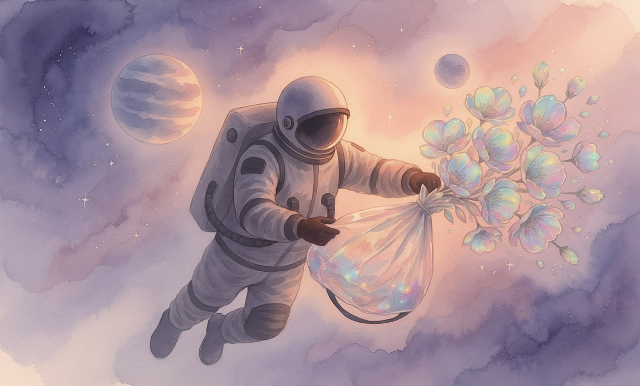 A pastel watercolor of an astronaut in space holding iridescent flowers, with an overlay of the prompt used to generate the image.