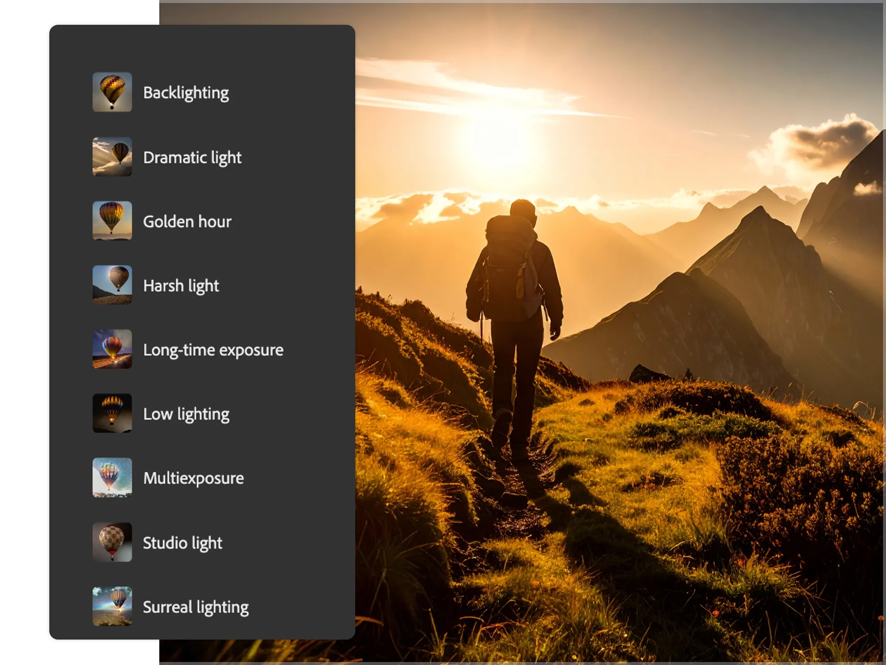Photorealistic image of hiker during golden hour and AI art generator interface with custom lighting settings