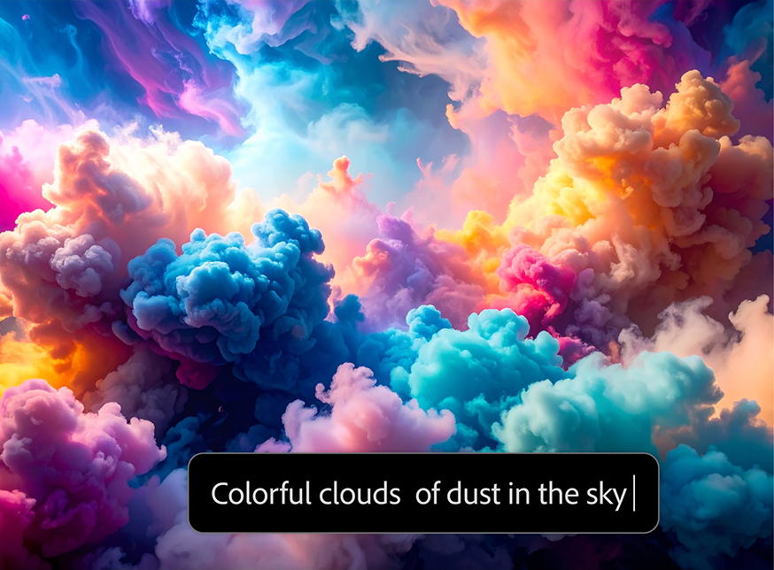 AI generated picture showing colorful clouds of dust in vibrant sky with text prompt in AI image generator