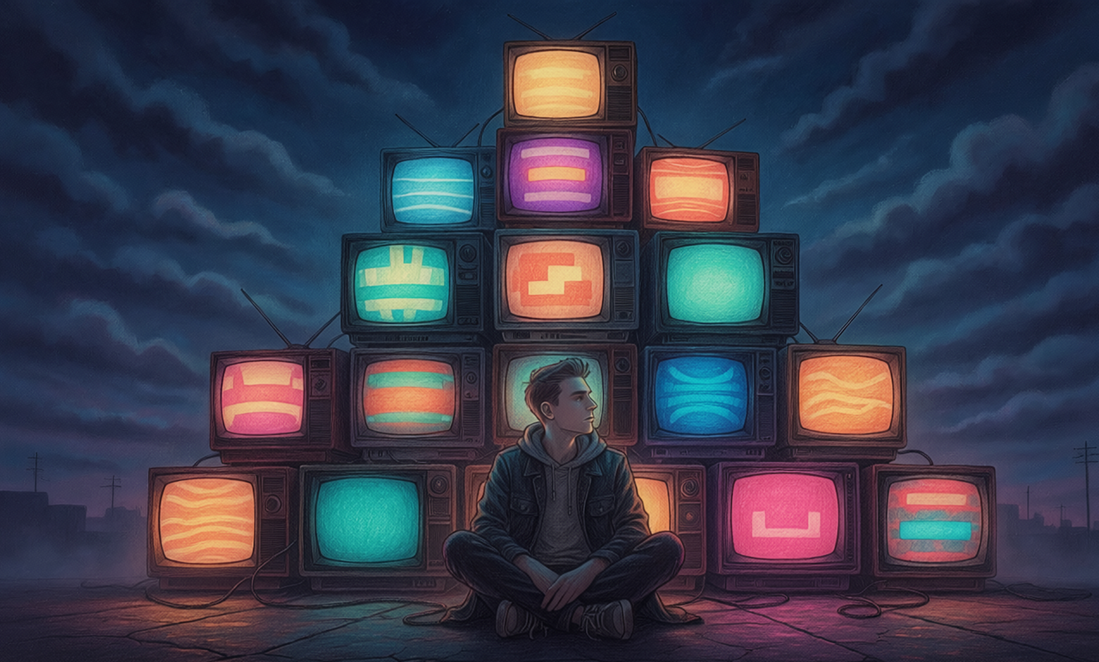 A young man sits in front of a stack of vintage TVs displaying bright patterns, with an overlay of the text prompt used to generate the image.