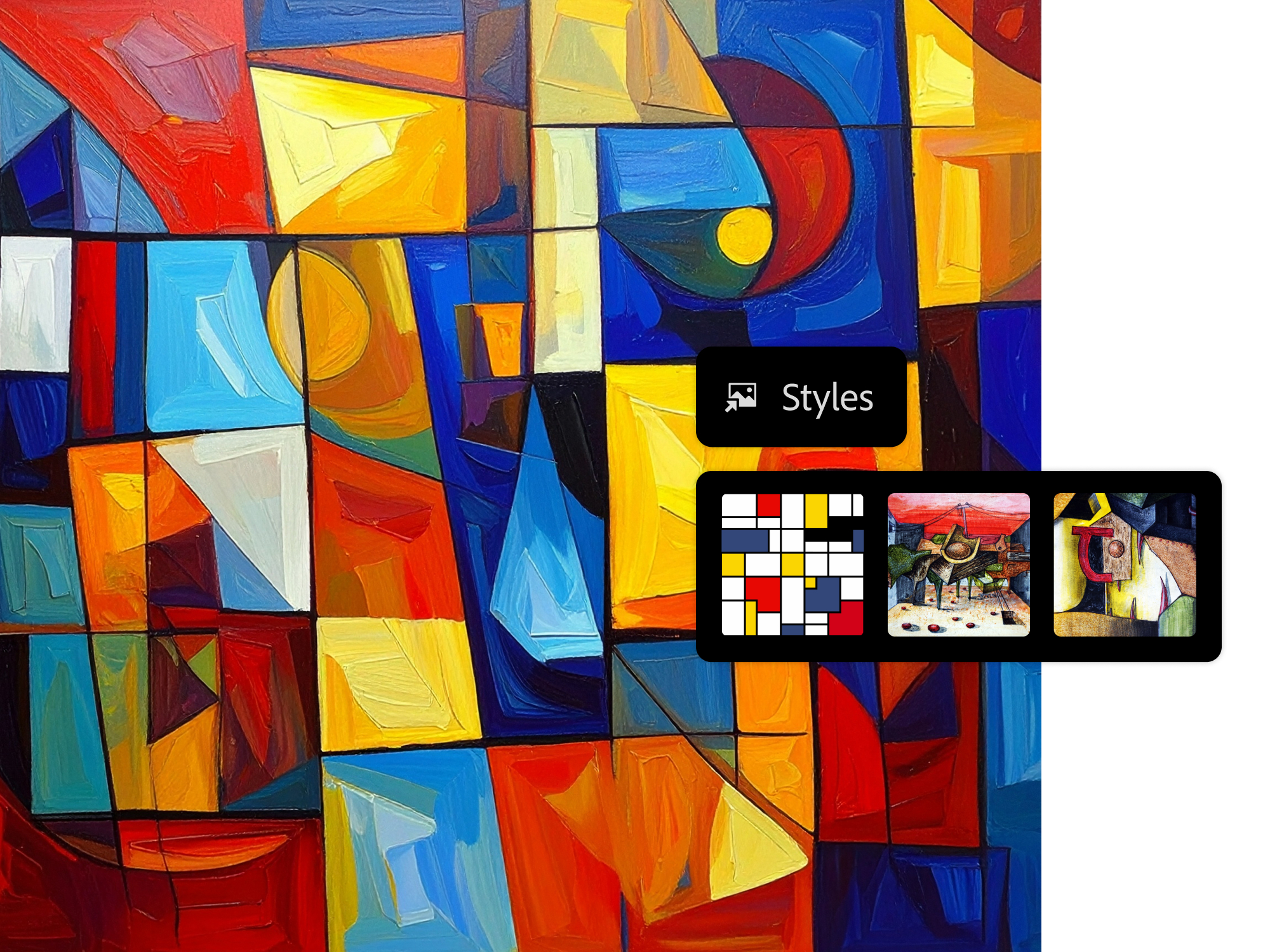 Four popular art style variations from geometric abstract to impressionism with AI text to image style overlay