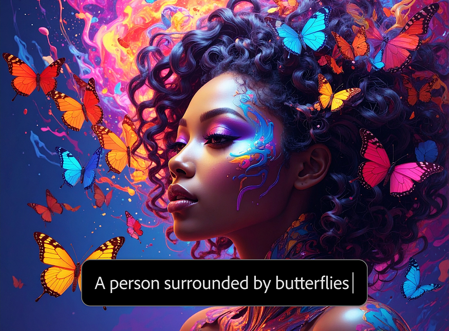 AI generated picture of person surrounded by colorful butterflies with text prompt overlay in AI image generator