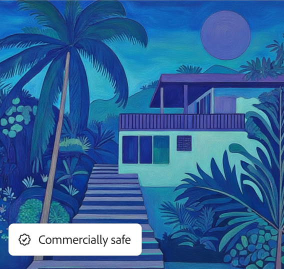 A tropical beach house with palm trees in turquoise tones, with an overlay of a "Commercially safe" badge.