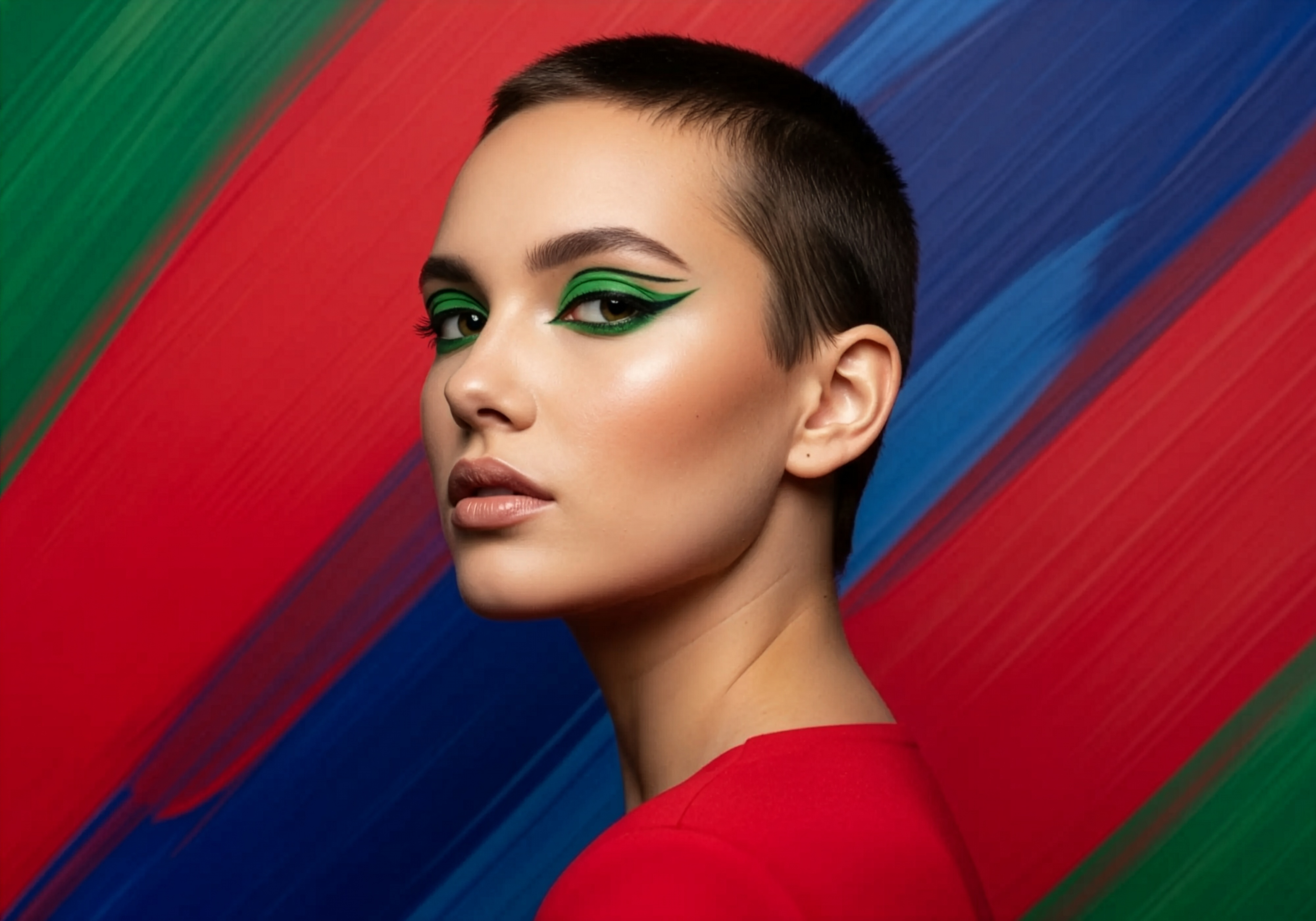 AI-generated portrait of a young woman with short hair, wearing green eyeliner, with bold blue, red, and green stripes in the background.