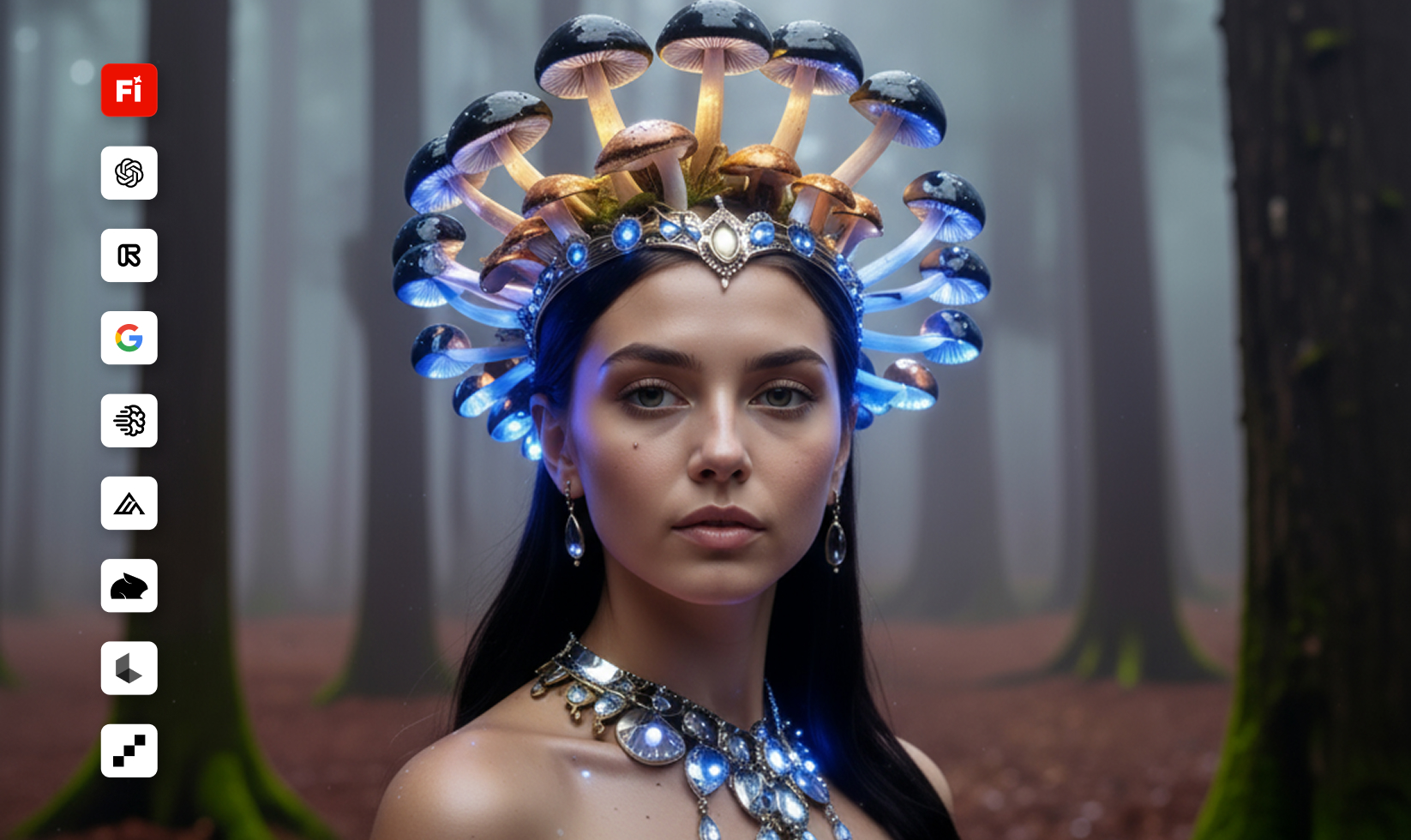 An image of a woman in a forest wearing a glowing headdress made of mushrooms with an overlay of icons representing different AI models available in Firefly.