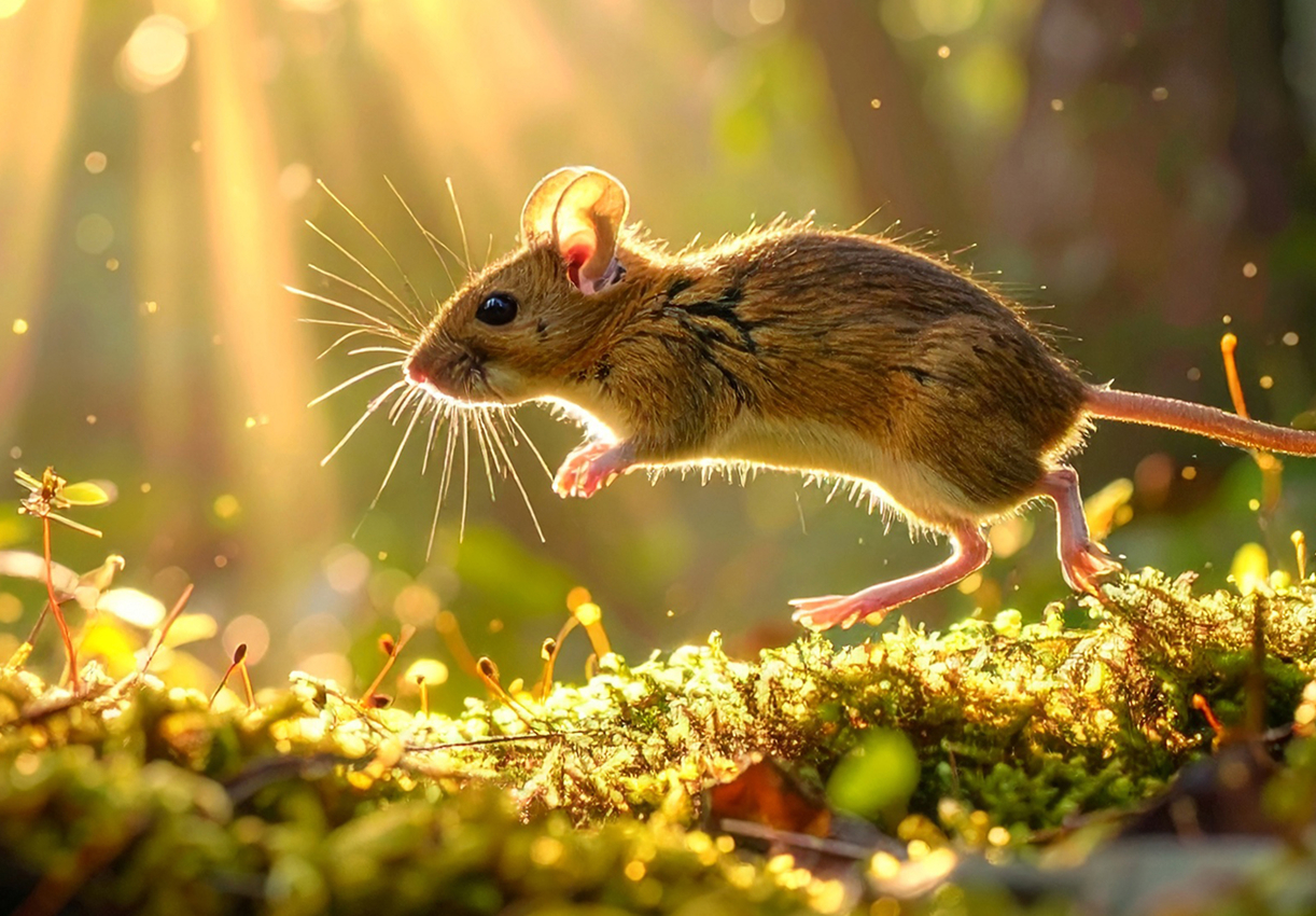 A mouse in a forest in an AI video generator interface with the text prompt “mouse jumping over moss, raising dust.”