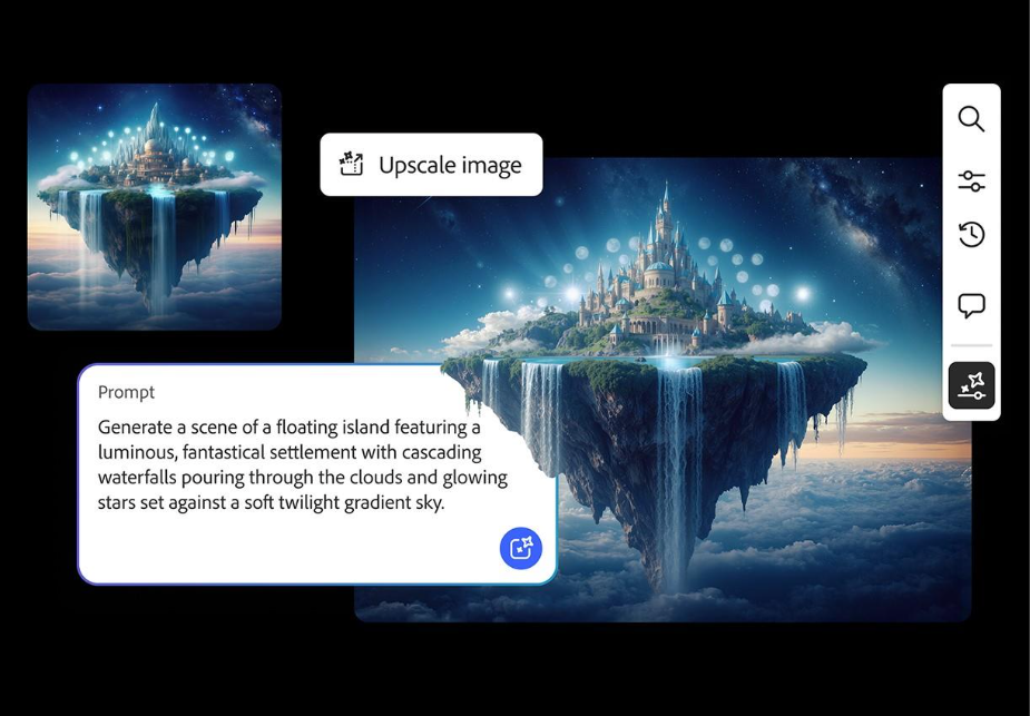 AI generated fantasy image of a floating island with a glowing castle and cascading waterfalls above the clouds, shown within the Adobe Firefly interface with an "Upscale image" option and prompt visible.