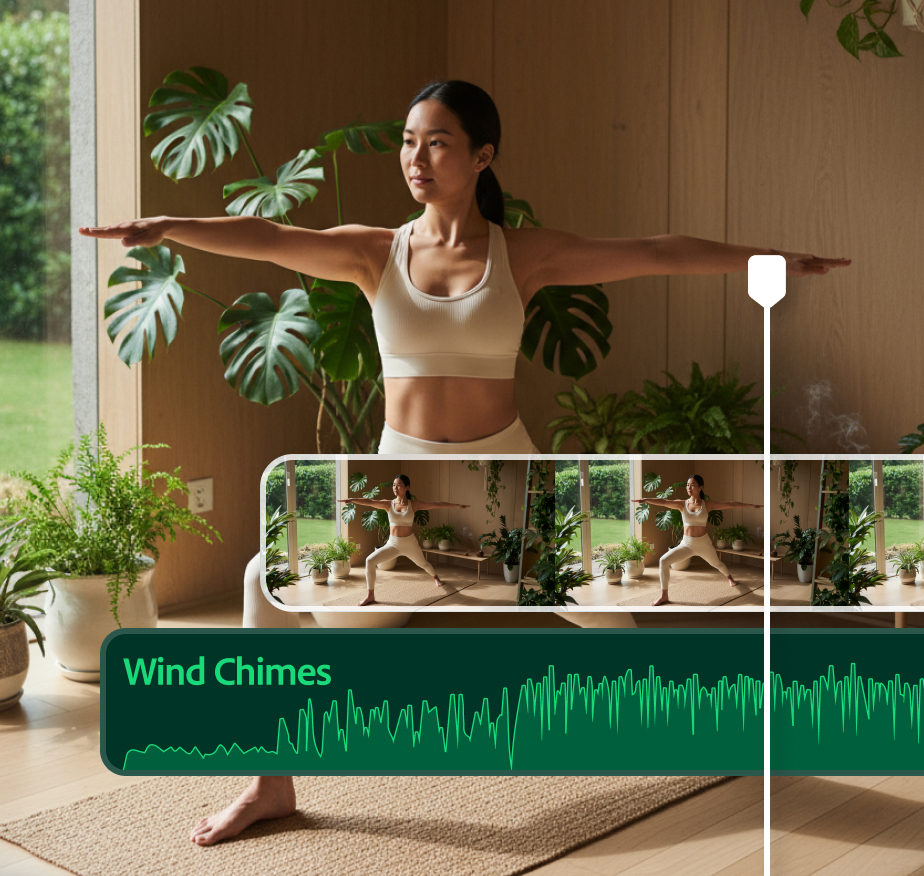 AI sound effect generation concept showing a yoga pose in a plant-filled room with a waveform labeled ‘Wind Chimes’ overlayed on the image.