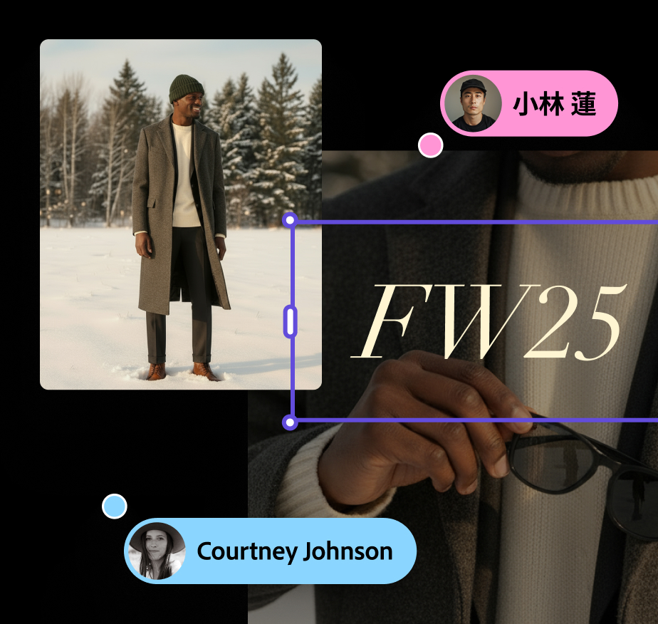 Fashion mood board concept for FW25 featuring a person in a long coat standing in a snowy landscape, with collaborative design elements overlayed.