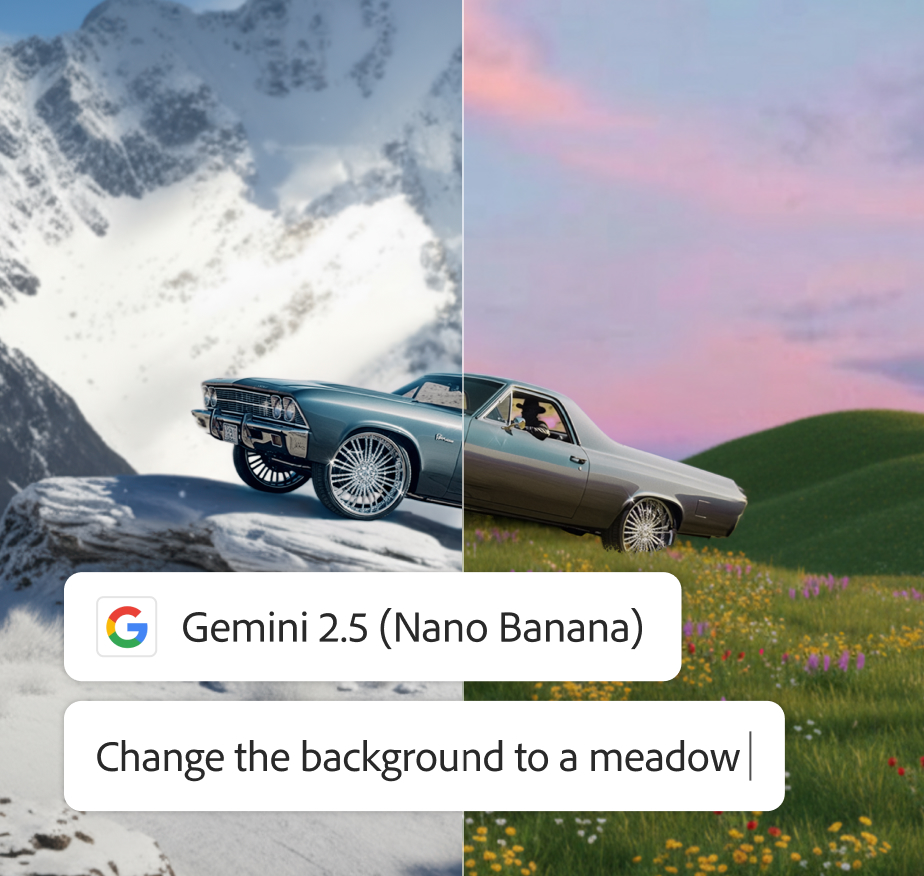 AI-generated image created with Ideogram showing a car split between snowy mountain background and green meadow with flowers.