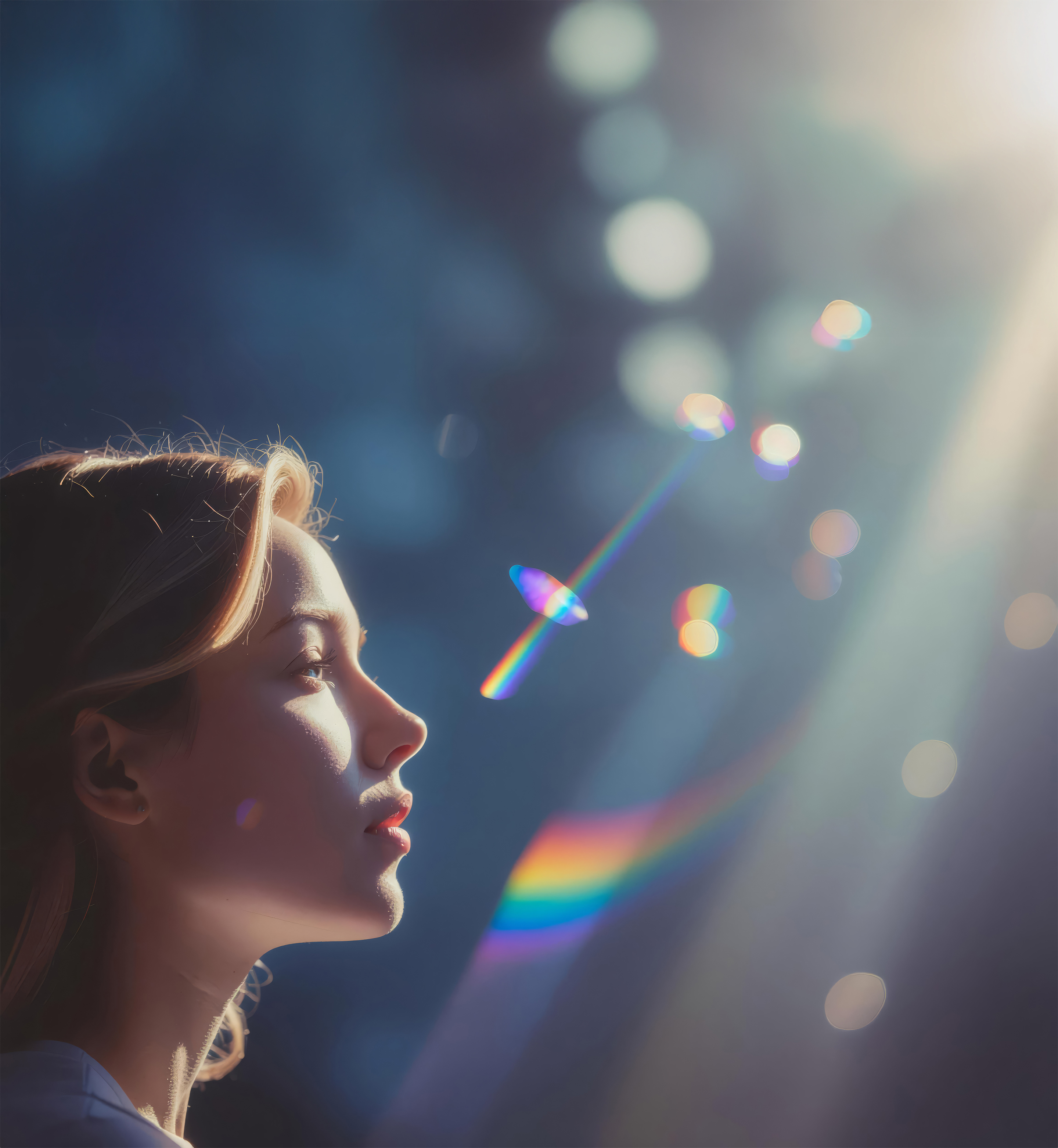 AI generated image of a person with long flowing hair standing under dramatic stage lighting with colorful lens flares in the background.
