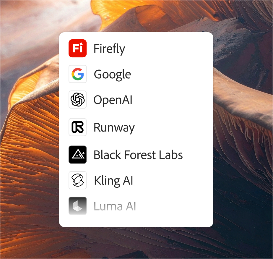 AI-generated image created with Ideogram showing a list of AI tools including Firefly, Google, OpenAI, Runway, Black Forest Labs, and Luma AI.
