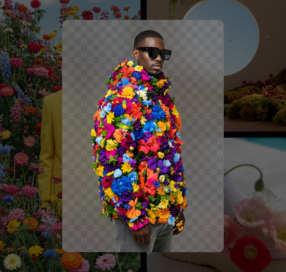 Person wearing a vibrant jacket covered in multicolored artificial flowers, standing against a floral-themed background.